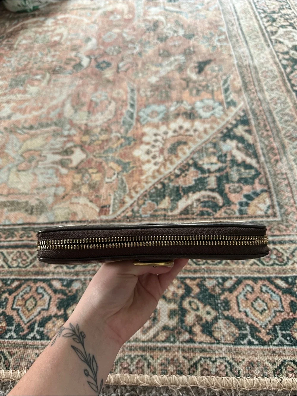 Coach Taupe and Dark Brown Signature Zip Wallet with Gold Buckle